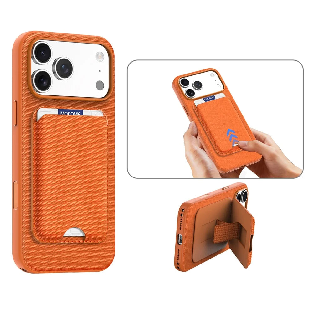 For iPhone 18 Pro Max Magnetic Case Tech Fabric + TPU Card Holder Kickstand Phone Cover - Orange - 3