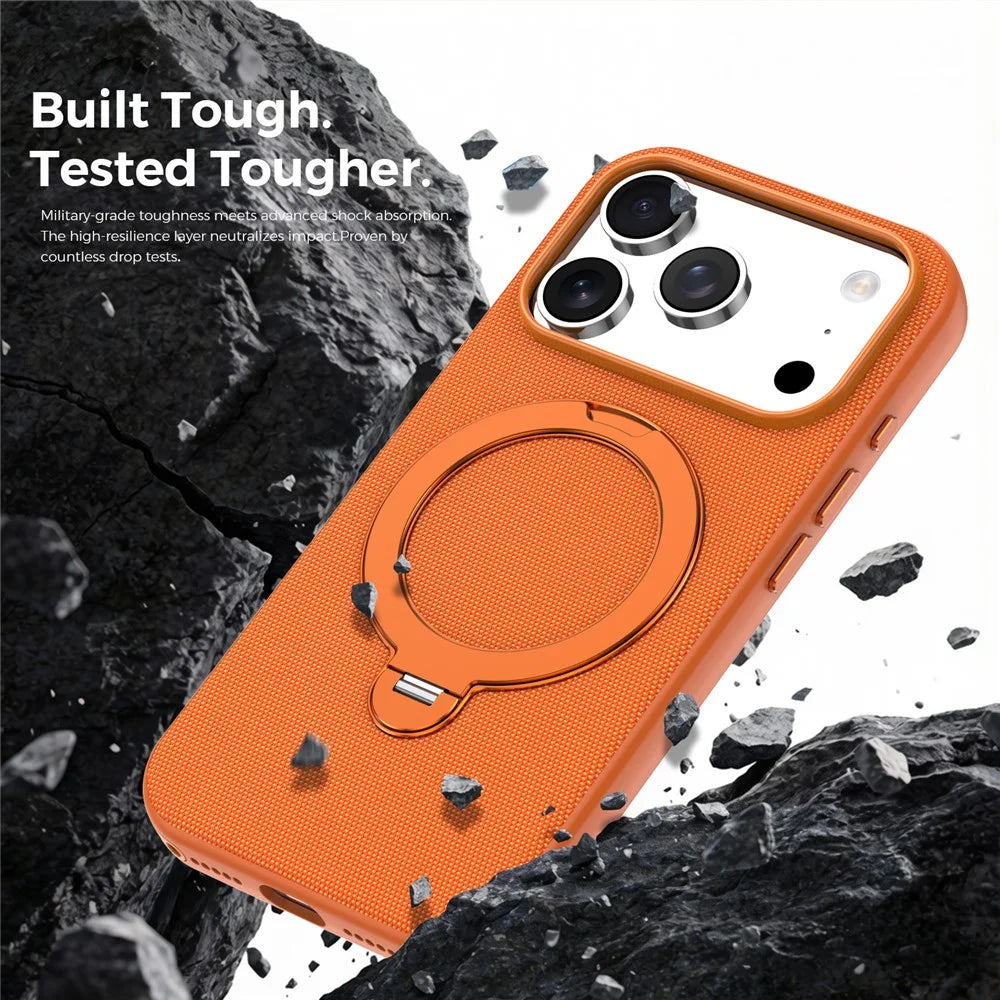 For iPhone 18 Pro Max Case Magnetic Rotating Kickstand Tech Fabric TPU Protective Cover - Orange - 3