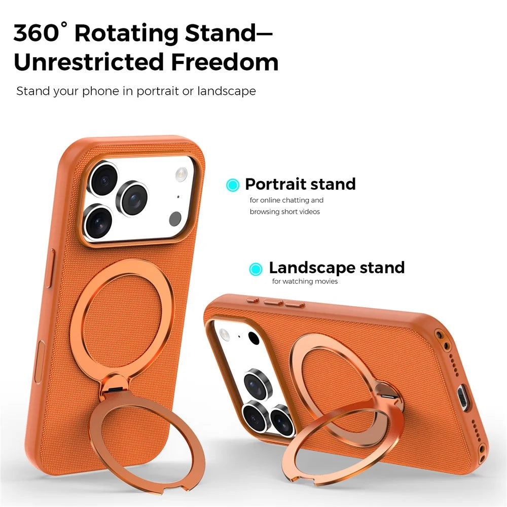 For iPhone 18 Pro Max Case Magnetic Rotating Kickstand Tech Fabric TPU Protective Cover - Orange - 4