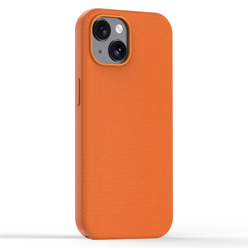 For iPhone 15 Magnetic Case Tech Fabric Coated TPU + PC Anti-Drop Phone Cover - Orange - 1