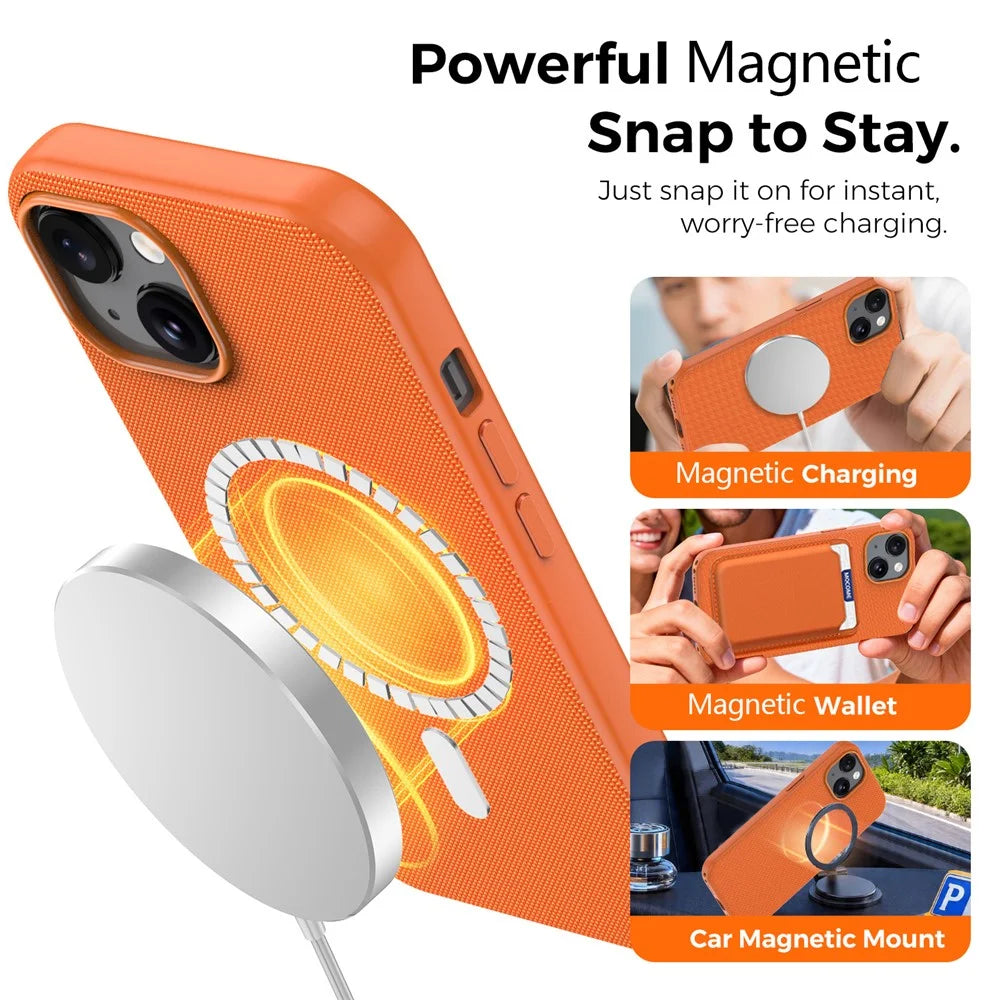 For iPhone 15 Magnetic Case Tech Fabric Coated TPU + PC Anti-Drop Phone Cover - Orange - 5