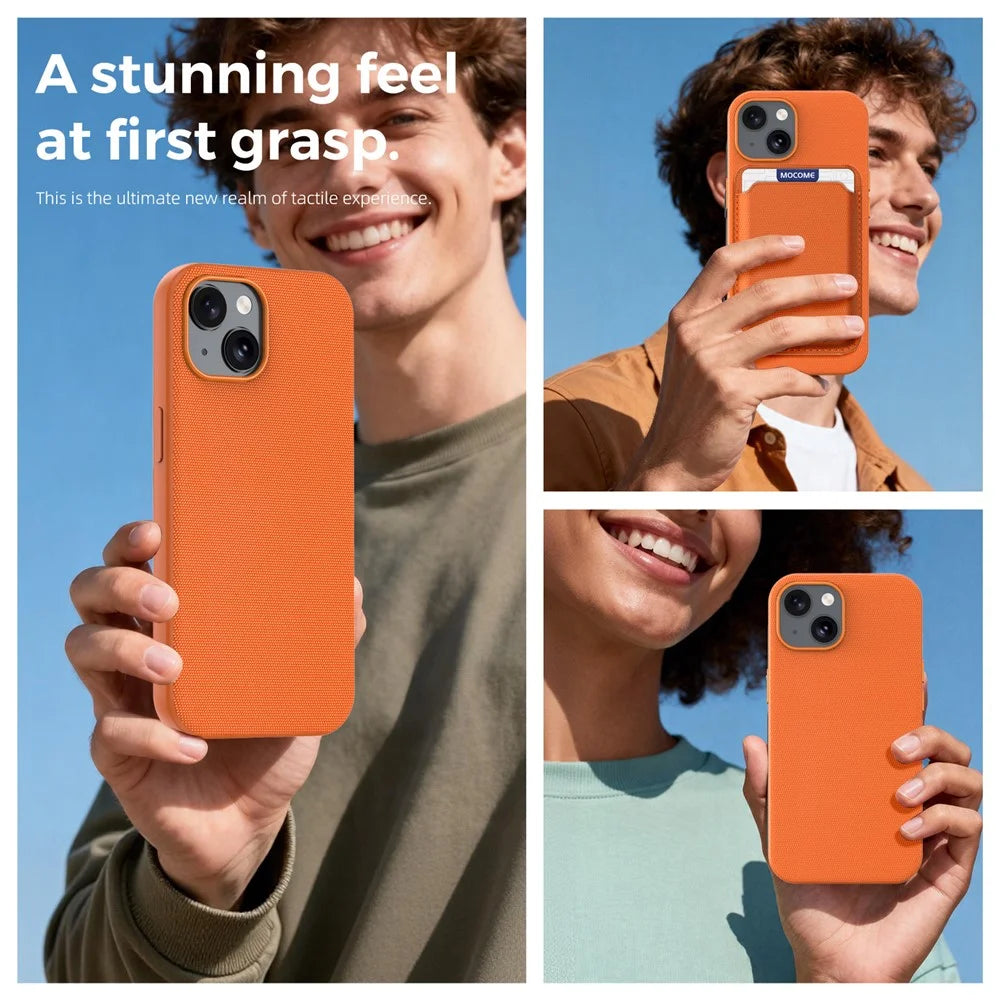 For iPhone 15 Magnetic Case Tech Fabric Coated TPU + PC Anti-Drop Phone Cover - Orange - 6
