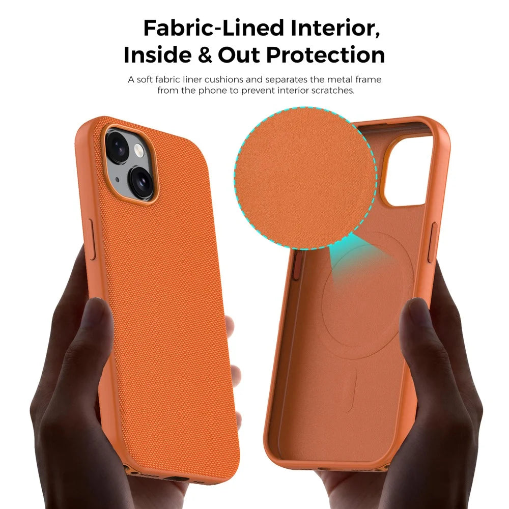 For iPhone 15 Magnetic Case Tech Fabric Coated TPU + PC Anti-Drop Phone Cover - Orange - 7