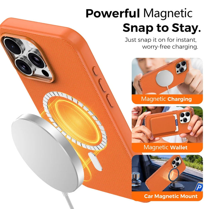 For iPhone 15 Pro Max Magnetic Case Tech Fabric Coated TPU + PC Anti-Drop Phone Cover - Orange - 5