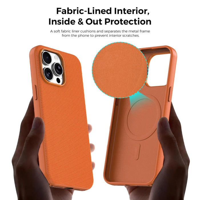 For iPhone 15 Pro Max Magnetic Case Tech Fabric Coated TPU + PC Anti-Drop Phone Cover - Orange - 7