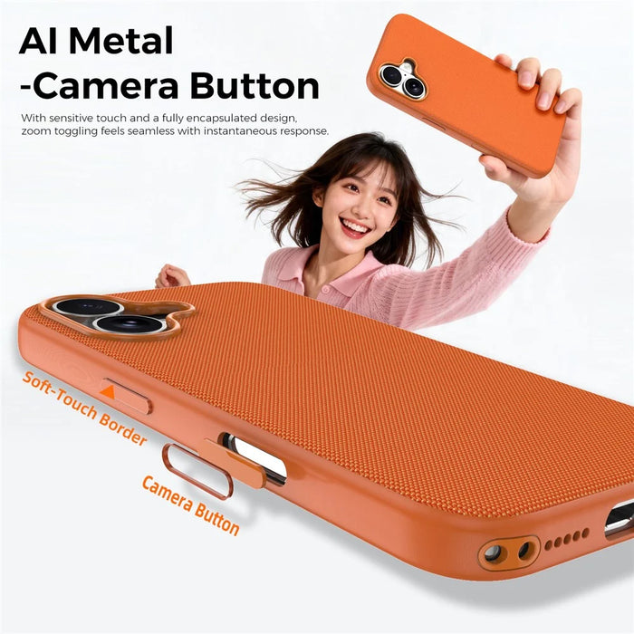 For iPhone 16 Magnetic Case Tech Fabric Coated TPU + PC Anti-Drop Phone Cover - Orange - 5