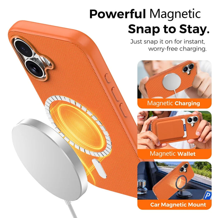 For iPhone 16 Magnetic Case Tech Fabric Coated TPU + PC Anti-Drop Phone Cover - Orange - 6