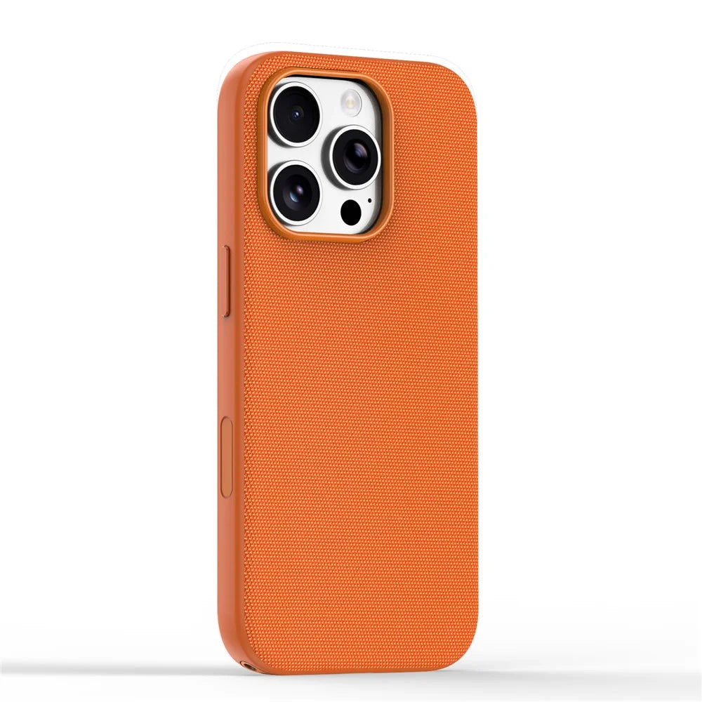 For iPhone 16 Pro Magnetic Case Tech Fabric Coated TPU + PC Anti-Drop Phone Cover - Orange - 1