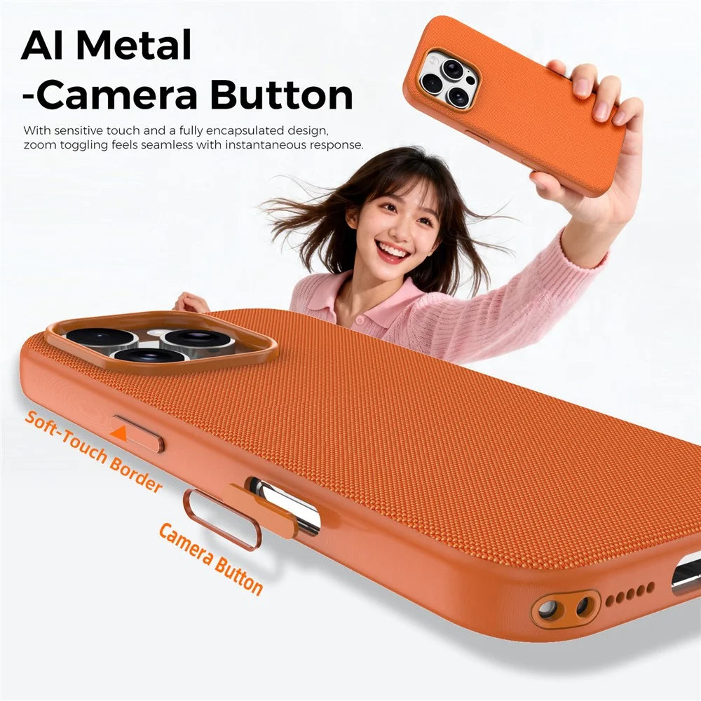 For iPhone 16 Pro Magnetic Case Tech Fabric Coated TPU + PC Anti-Drop Phone Cover - Orange - 5