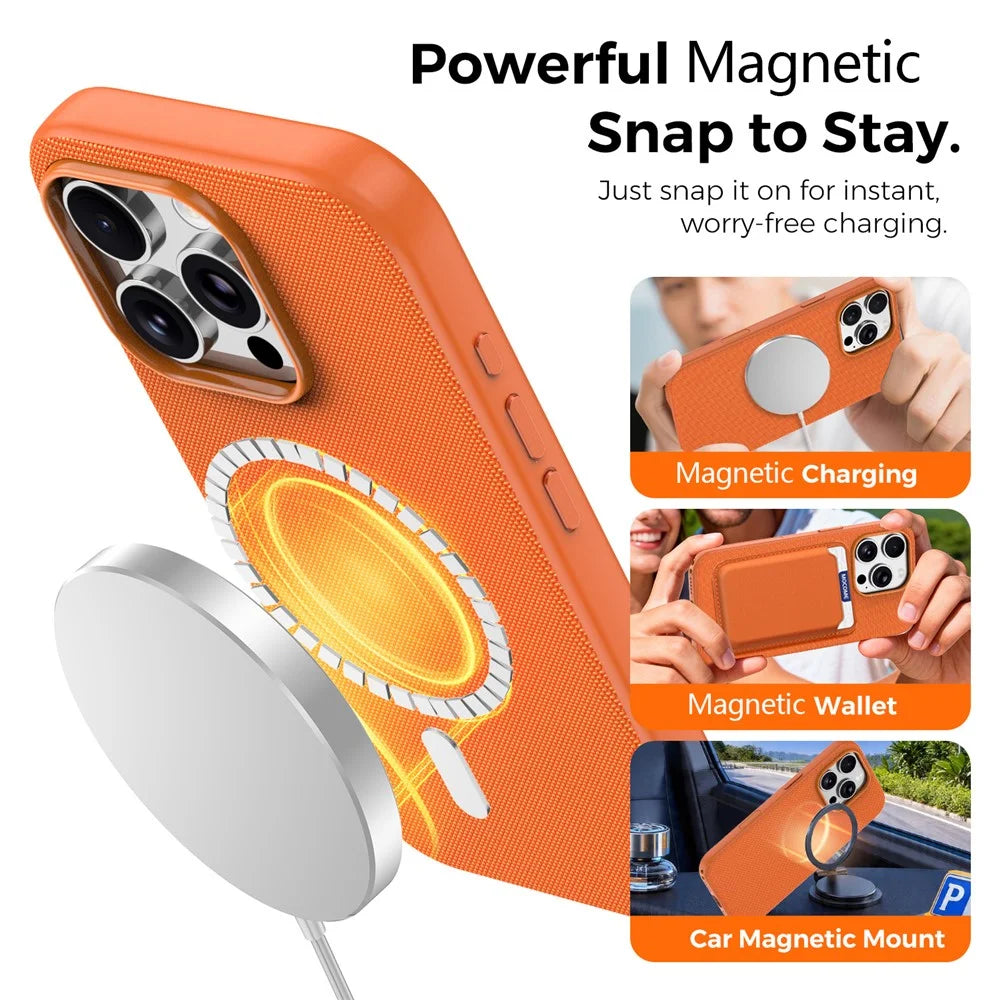 For iPhone 16 Pro Magnetic Case Tech Fabric Coated TPU + PC Anti-Drop Phone Cover - Orange - 6