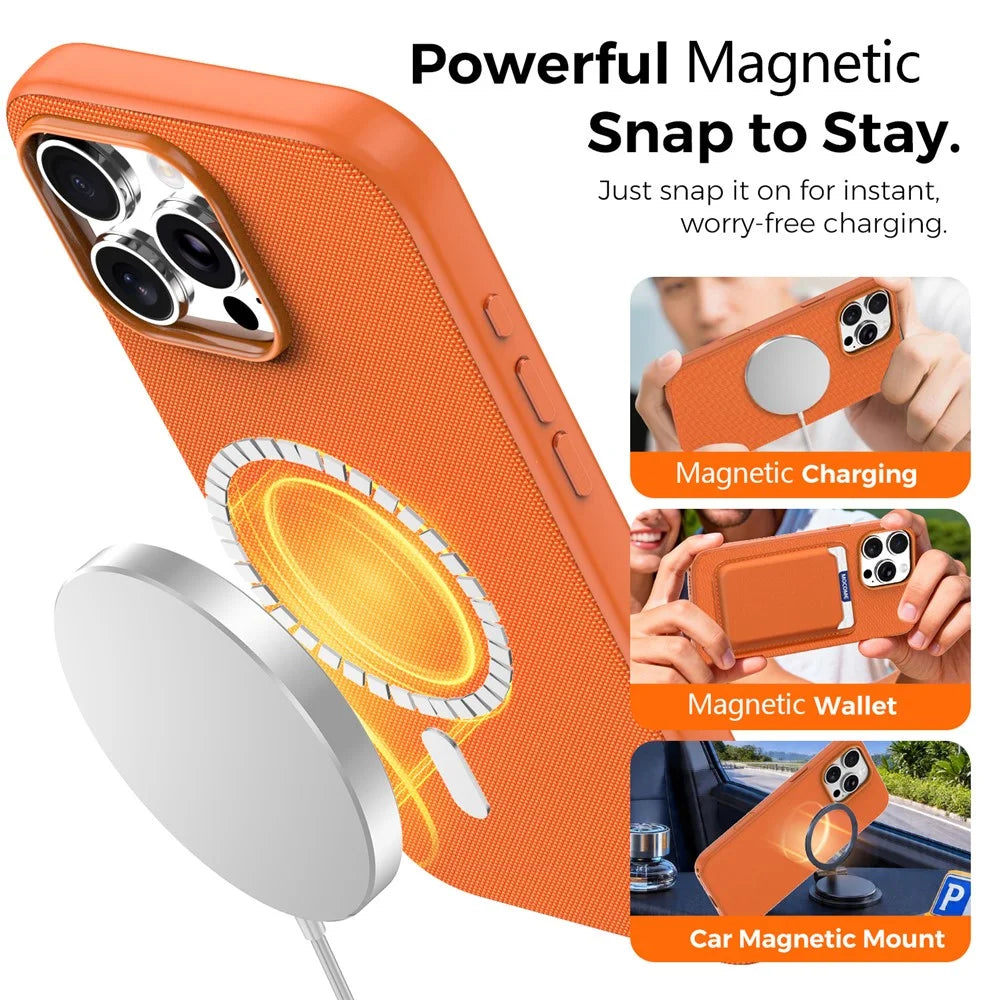 For iPhone 16 Pro Max Magnetic Case Tech Fabric Coated TPU + PC Anti-Drop Phone Cover - Orange - 6