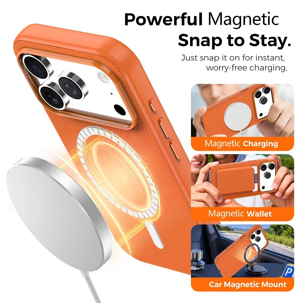 For iPhone 18 Pro Max Magnetic Case Tech Fabric Coated TPU + PC Anti-Drop Phone Cover - Orange - 6