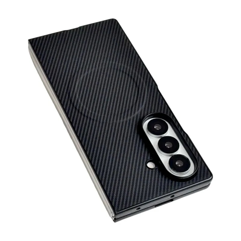 WANLONFENG for Samsung Galaxy Z Fold7 5G TQ Series Magnetic Case Carbon Fiber Texture PC TPU Phone Cover (Big Lens Hole) - Black - 3