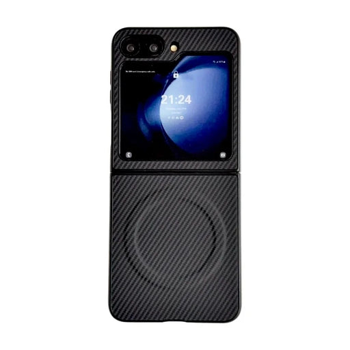 WANLONFENG for Samsung Galaxy Z Flip5 5G TQ Series Magnetic Case Carbon Fiber Texture PC TPU Phone Cover (Big Lens Hole) - Black - 1
