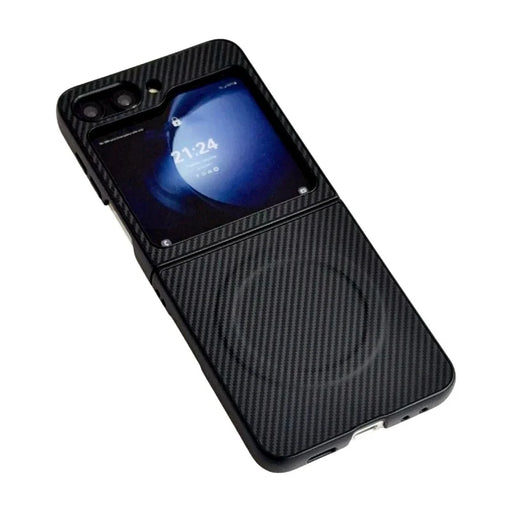 WANLONFENG for Samsung Galaxy Z Flip5 5G TQ Series Magnetic Case Carbon Fiber Texture PC TPU Phone Cover (Big Lens Hole) - Black - 2