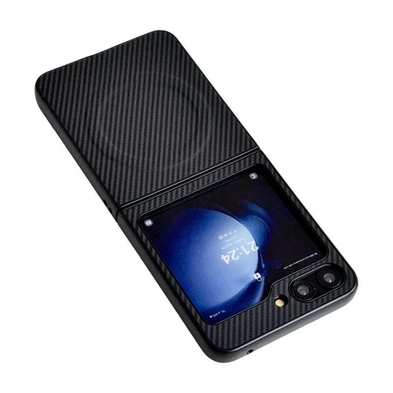 WANLONFENG for Samsung Galaxy Z Flip5 5G TQ Series Magnetic Case Carbon Fiber Texture PC TPU Phone Cover (Big Lens Hole) - Black - 3