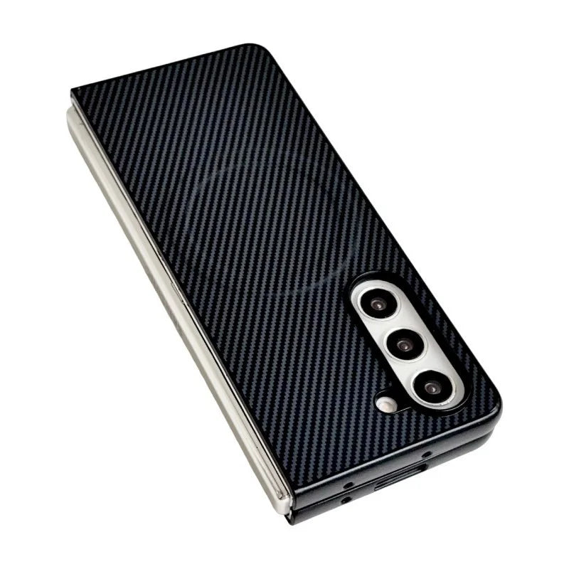 WANLONFENG for Samsung Galaxy Z Fold5 5G TQ Series Magnetic Case Carbon Fiber Texture PC TPU Phone Cover (Big Lens Hole) - Black - 3