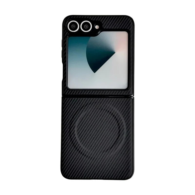 WANLONFENG for Samsung Galaxy Z Flip6 5G TQ Series Magnetic Case Carbon Fiber Texture PC TPU Phone Cover (Big Lens Hole) - Black - 1