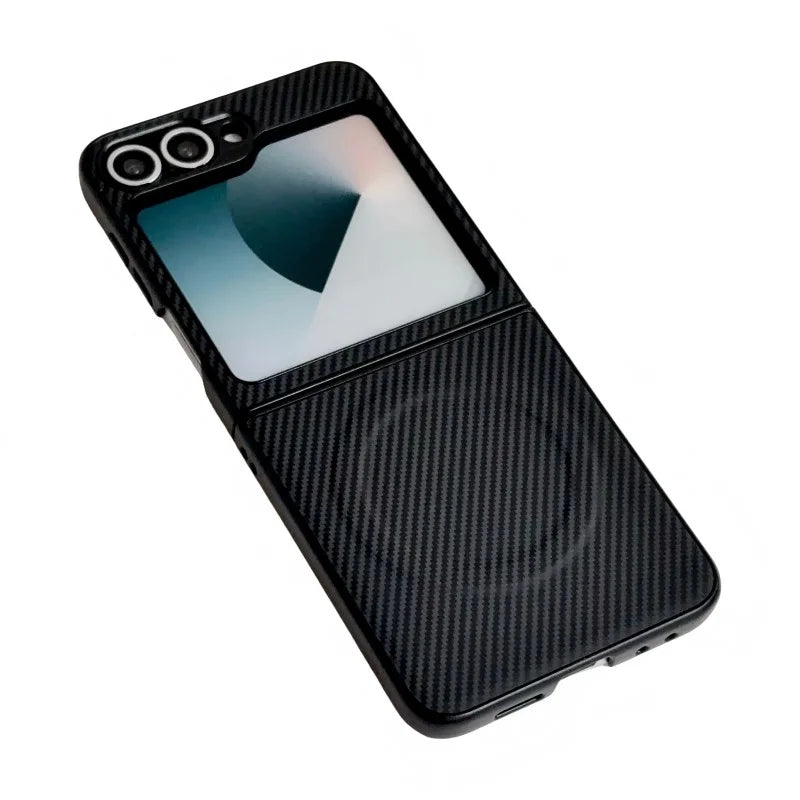 WANLONFENG for Samsung Galaxy Z Flip6 5G TQ Series Magnetic Case Carbon Fiber Texture PC TPU Phone Cover (Big Lens Hole) - Black - 2