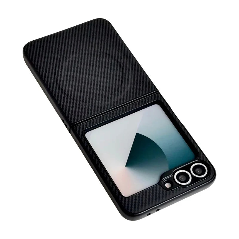 WANLONFENG for Samsung Galaxy Z Flip6 5G TQ Series Magnetic Case Carbon Fiber Texture PC TPU Phone Cover (Big Lens Hole) - Black - 3