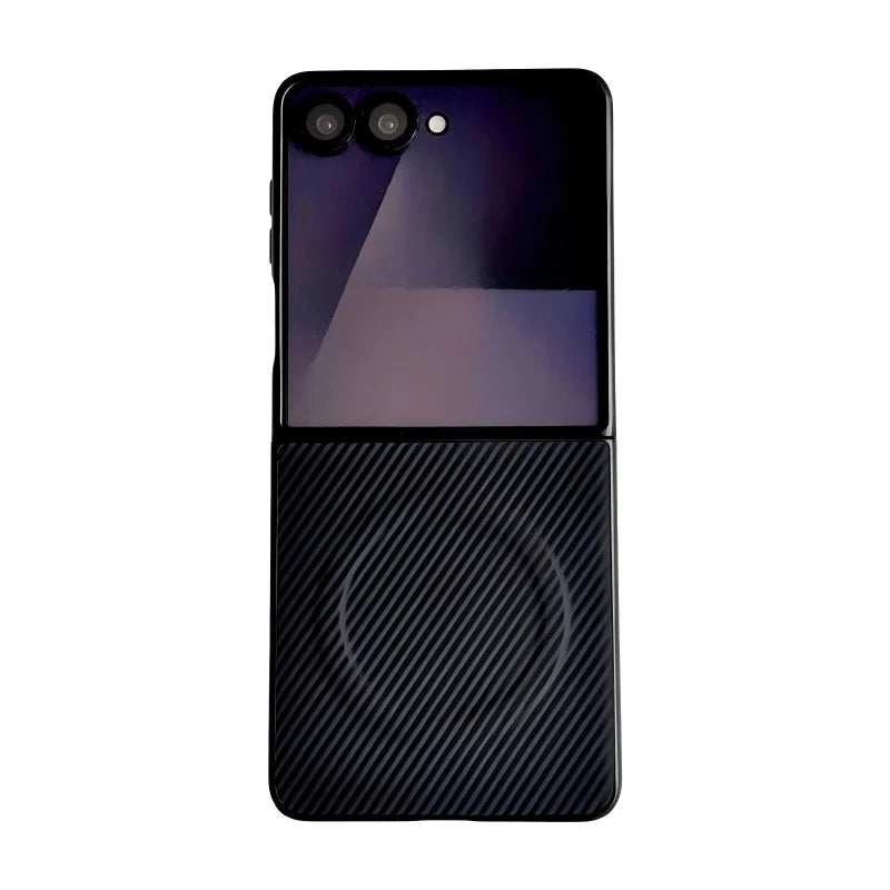 WANLONFENG for Samsung Galaxy Z Flip7 5G TQ Series Magnetic Case Carbon Fiber Texture PC TPU Phone Cover (Big Lens Hole) - Black - 1