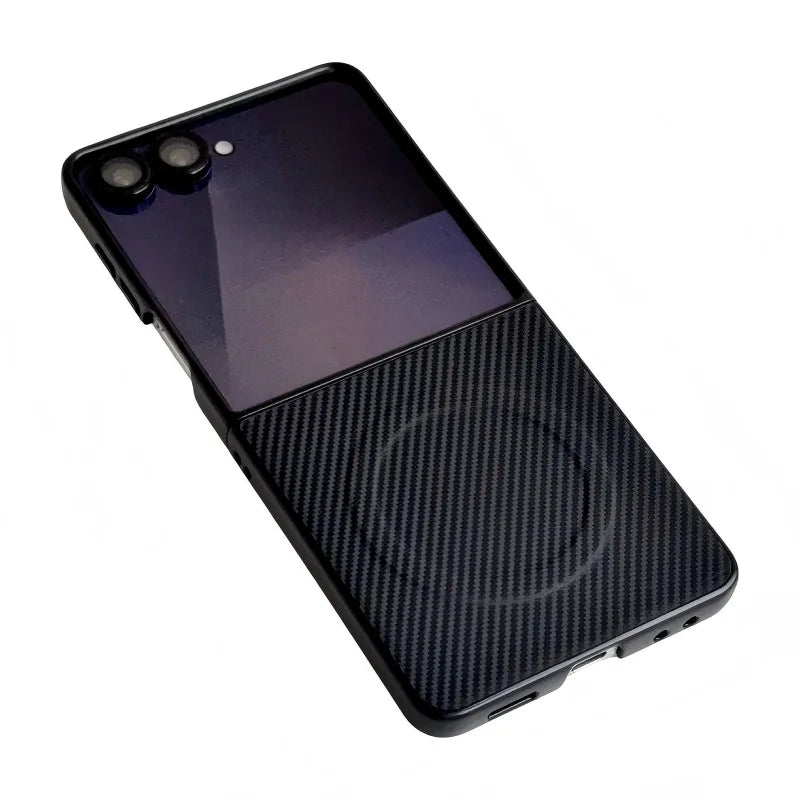 WANLONFENG for Samsung Galaxy Z Flip7 5G TQ Series Magnetic Case Carbon Fiber Texture PC TPU Phone Cover (Big Lens Hole) - Black - 2