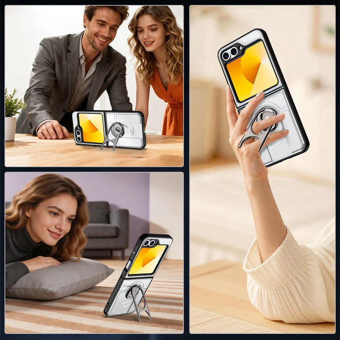 For Samsung Galaxy Z Flip6 5G Case with Slide Camera Cover Kickstand PC + TPU Protective Phone Shell - Silver - 3