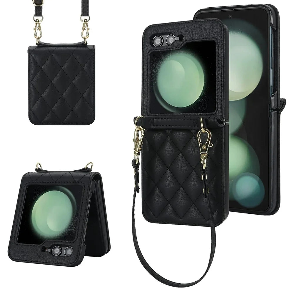 For Samsung Galaxy Z Flip8 Case Rhombic Leather + PC Folding Phone Cover with Wrist Strap / 1.5m Long Strap - Black - 1