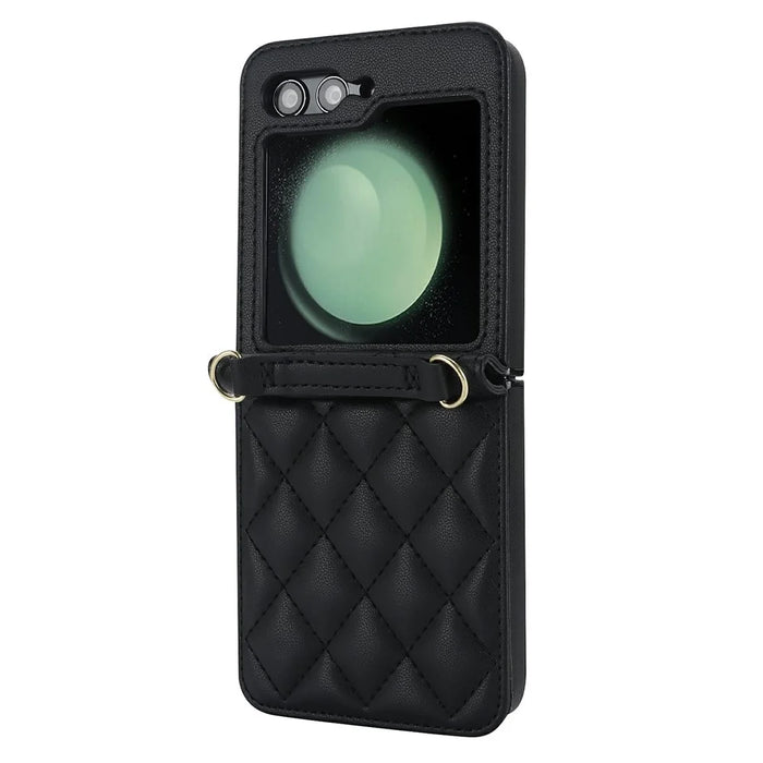 For Samsung Galaxy Z Flip8 Case Rhombic Leather + PC Folding Phone Cover with Wrist Strap / 1.5m Long Strap - Black - 3