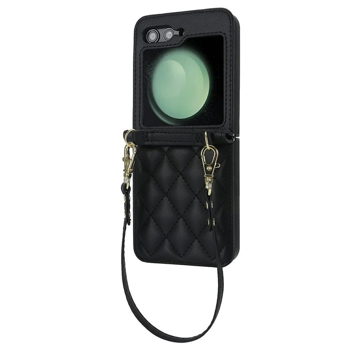 For Samsung Galaxy Z Flip8 Case Rhombic Leather + PC Folding Phone Cover with Wrist Strap / 1.5m Long Strap - Black - 6