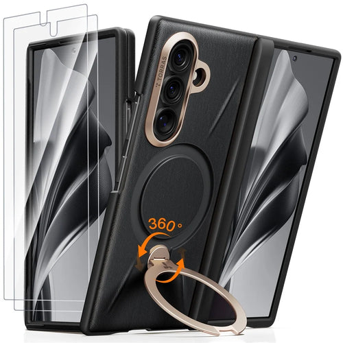 TORRAS Ostand Spin VegSkin Series for Samsung Galaxy Z Fold8 Magnetic Case with 2Pcs Tempered Glass Film Kickstand Phone Cover - Black - 1