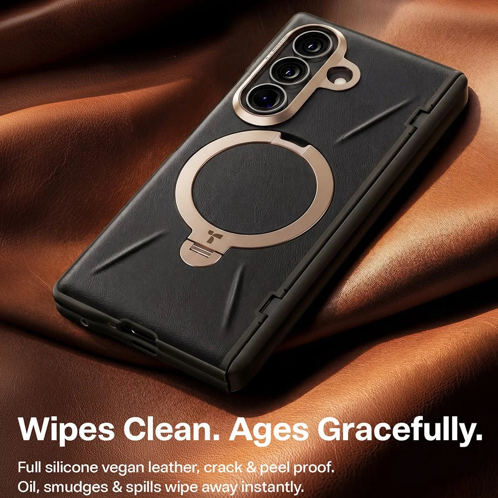 TORRAS Ostand Spin VegSkin Series for Samsung Galaxy Z Fold8 Magnetic Case with 2Pcs Tempered Glass Film Kickstand Phone Cover - Black - 4
