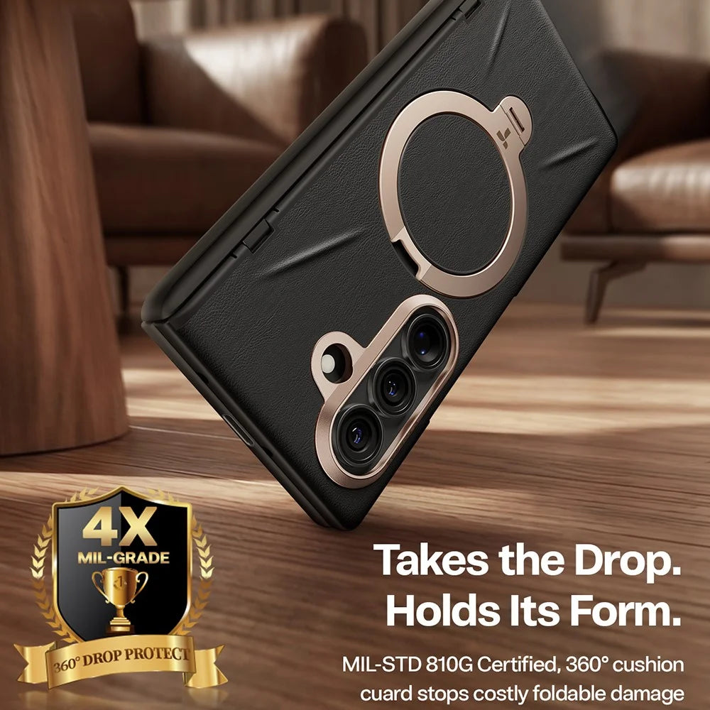 TORRAS Ostand Spin VegSkin Series for Samsung Galaxy Z Fold8 Magnetic Case with 2Pcs Tempered Glass Film Kickstand Phone Cover - Black - 6