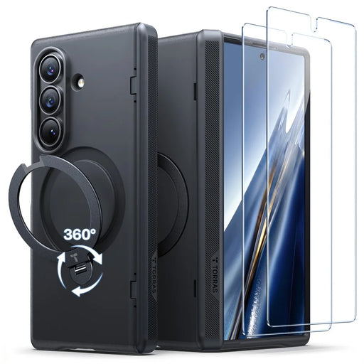 TORRAS for Samsung Galaxy Z Fold8 Case with 2Pcs Tempered Glass Film Magnetic Rotating Kickstand PC + TPU Phone Cover - Black - 1