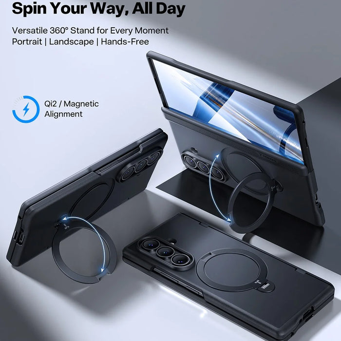 TORRAS for Samsung Galaxy Z Fold8 Case with 2Pcs Tempered Glass Film Magnetic Rotating Kickstand PC + TPU Phone Cover - Black - 2