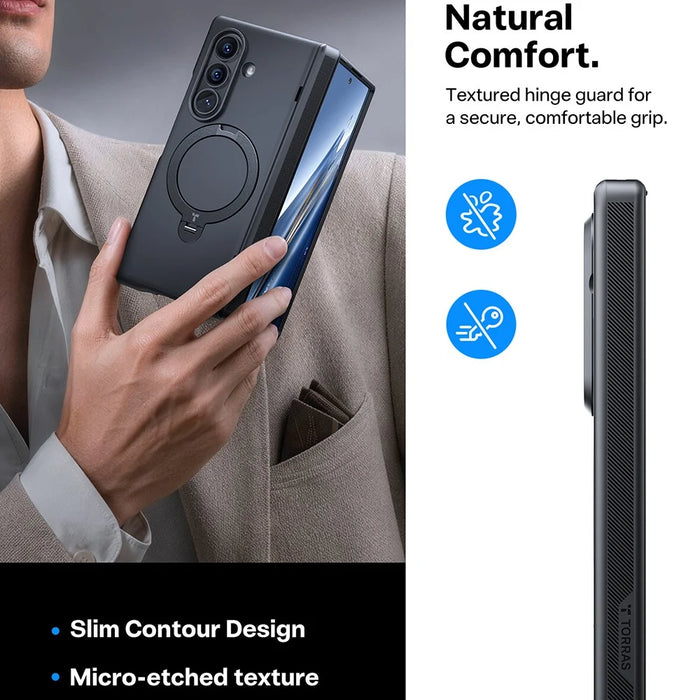 TORRAS for Samsung Galaxy Z Fold8 Case with 2Pcs Tempered Glass Film Magnetic Rotating Kickstand PC + TPU Phone Cover - Black - 6