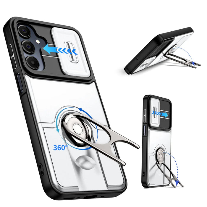 For Samsung Galaxy S25 FE / Galaxy S26 FE Case with Slide Camera Cover Kickstand PC + TPU Protective Phone Shell - Silver - 1