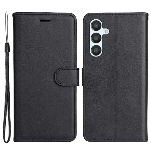 For Samsung Galaxy A54 5G Case Solid Color Leather Mobile Cover Wallet Stand with Strap - Black - 1