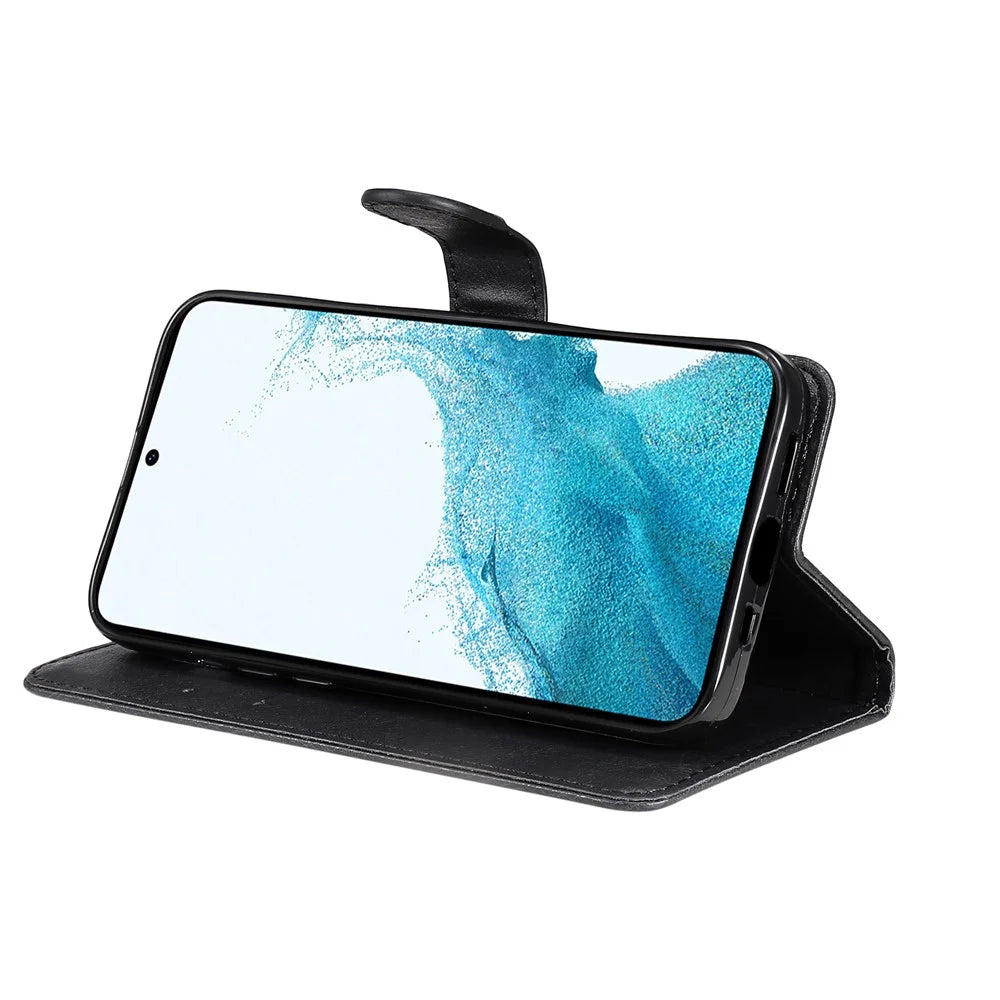 For Samsung Galaxy A54 5G Case Solid Color Leather Mobile Cover Wallet Stand with Strap - Black - 4