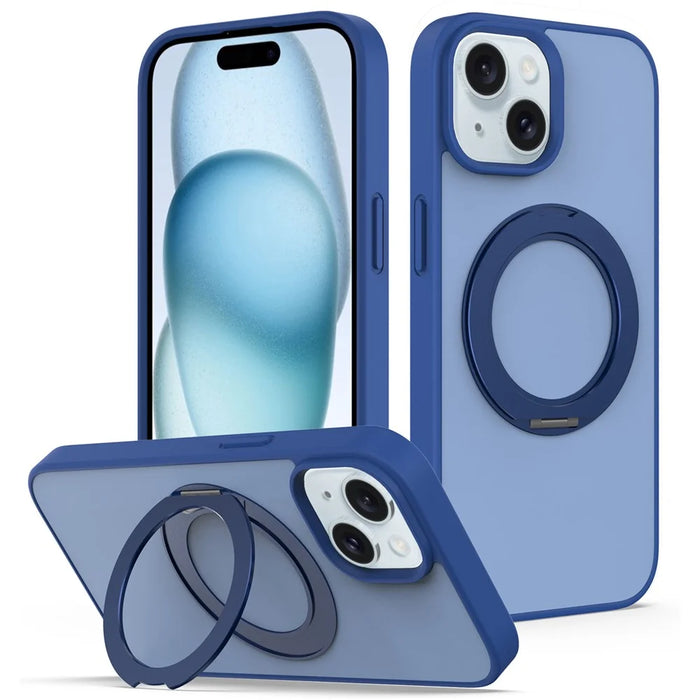 For iPhone 13  /  14 Case with Rotating Magnetic Kickstand PC + TPU Skin-Touch Phone Cover - Sapphire - 1