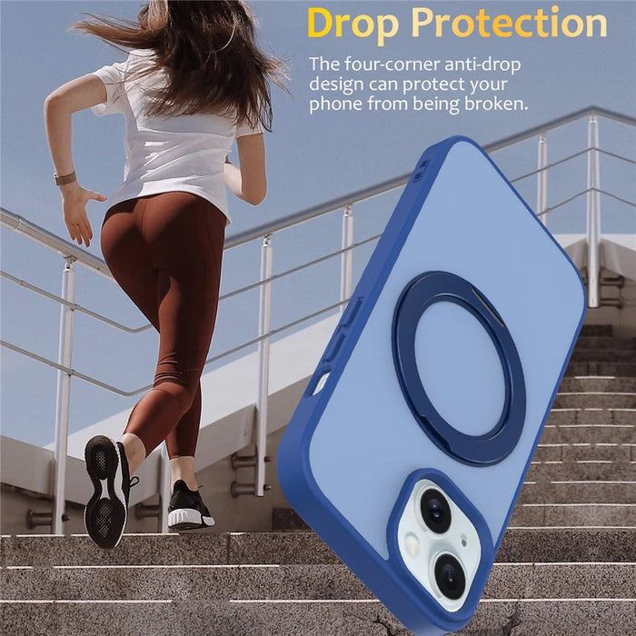 For iPhone 13  /  14 Case with Rotating Magnetic Kickstand PC + TPU Skin-Touch Phone Cover - Sapphire - 3