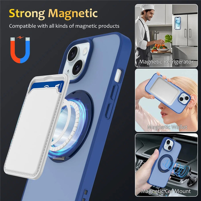 For iPhone 13  /  14 Case with Rotating Magnetic Kickstand PC + TPU Skin-Touch Phone Cover - Sapphire - 4