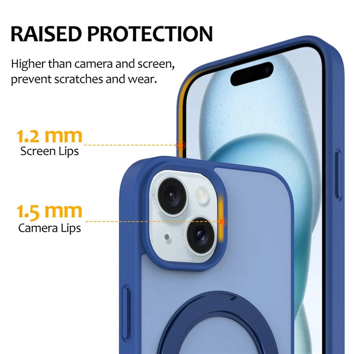 For iPhone 15 Case with Rotating Magnetic Kickstand PC + TPU Skin-Touch Phone Cover - Sapphire - 5