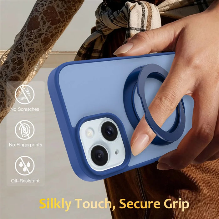 For iPhone 15 Case with Rotating Magnetic Kickstand PC + TPU Skin-Touch Phone Cover - Sapphire - 7
