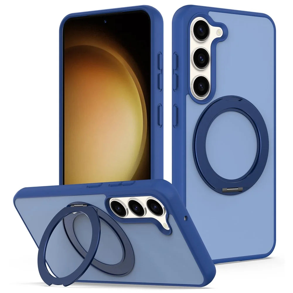 For Samsung Galaxy S23 Case with Rotating Magnetic Kickstand PC + TPU Skin-Touch Phone Cover - Sapphire - 1