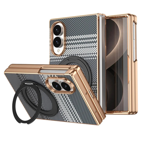 For Samsung Galaxy Z Fold8 Case Magnetic Rotating Kickstand Aramid Fiber Texture Leather + PC Phone Cover with HD Screen Protector - Black - 1