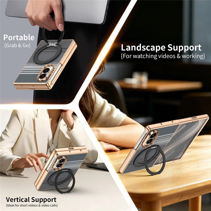 For Samsung Galaxy Z Fold8 Case Magnetic Rotating Kickstand Aramid Fiber Texture Leather + PC Phone Cover with HD Screen Protector - Black - 4