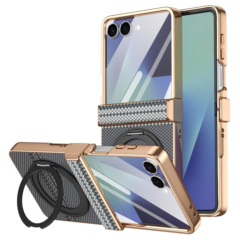 For Samsung Galaxy Z Flip7 5G Case Magnetic Rotating Kickstand Aramid Fiber Texture Leather + PC Phone Cover with HD Screen Protector - Black - 1