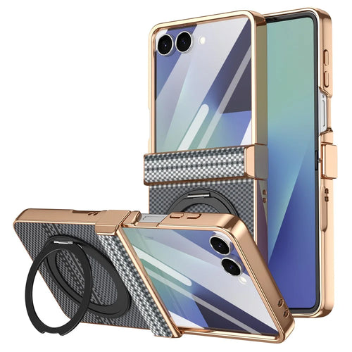 For Samsung Galaxy Z Flip7 5G Case Magnetic Rotating Kickstand Aramid Fiber Texture Leather + PC Phone Cover with HD Screen Protector - Black - 1