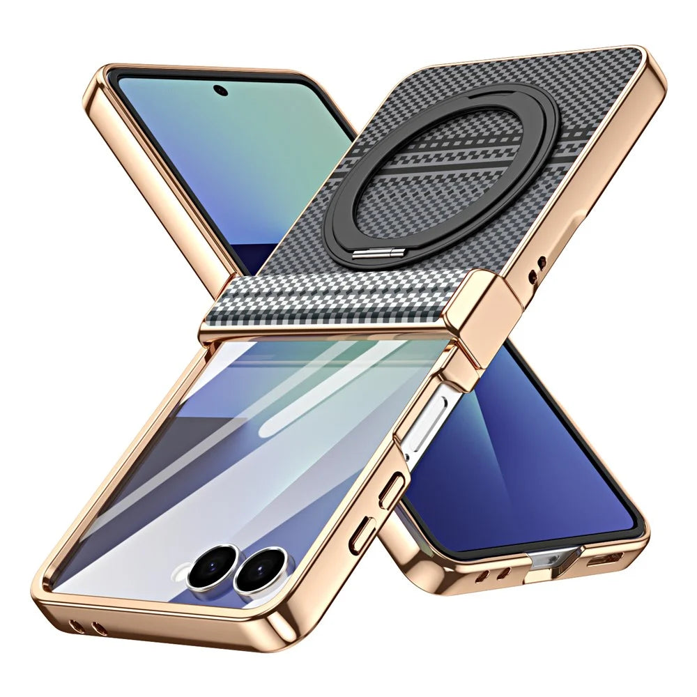 For Samsung Galaxy Z Flip7 5G Case Magnetic Rotating Kickstand Aramid Fiber Texture Leather + PC Phone Cover with HD Screen Protector - Black - 2